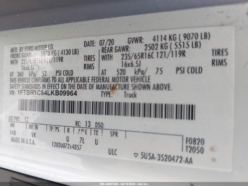 2020 Ford Transit 3.5 -250 white Lot 111044697388 Vin 1FTBR1C84LKB09964
