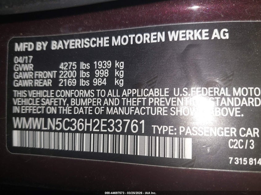 2017 Mini Clubman Cooper VIN: WMWLN5C36H2E33761 Lot: 44697573