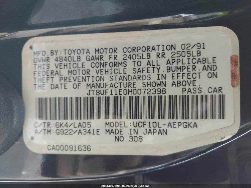 1991 Lexus Ls 400 VIN: JT8UF11E0M0072398 Lot: 44697590