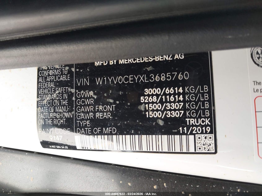 2020 Mercedes-Benz Metris VIN: W1YV0CEYXL3685760 Lot: 44697622