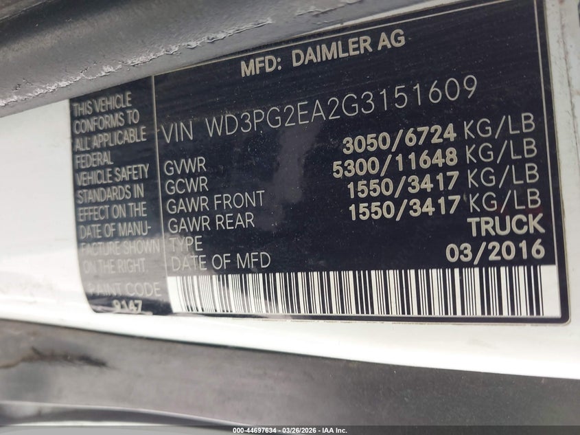 2016 Mercedes-Benz Metris VIN: WD3PG2EA2G3151609 Lot: 44697634