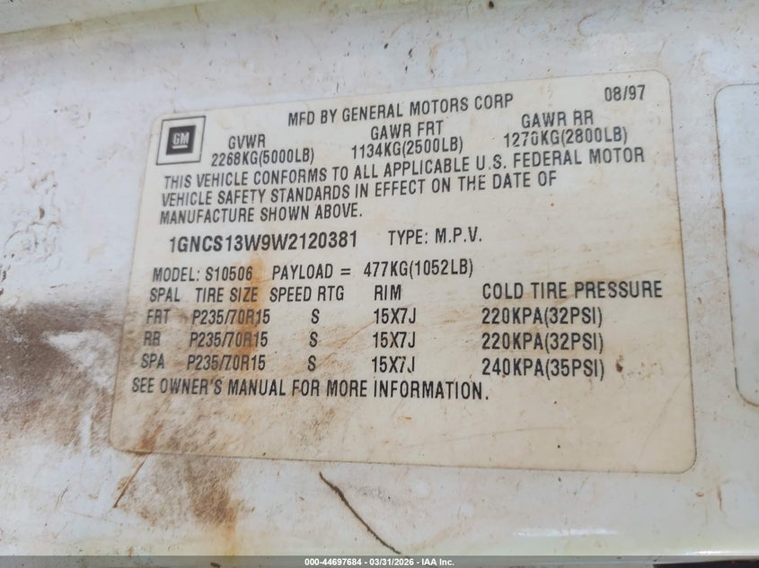 1998 Chevrolet Blazer Lt VIN: 1GNCS13W9W2120381 Lot: 44697684
