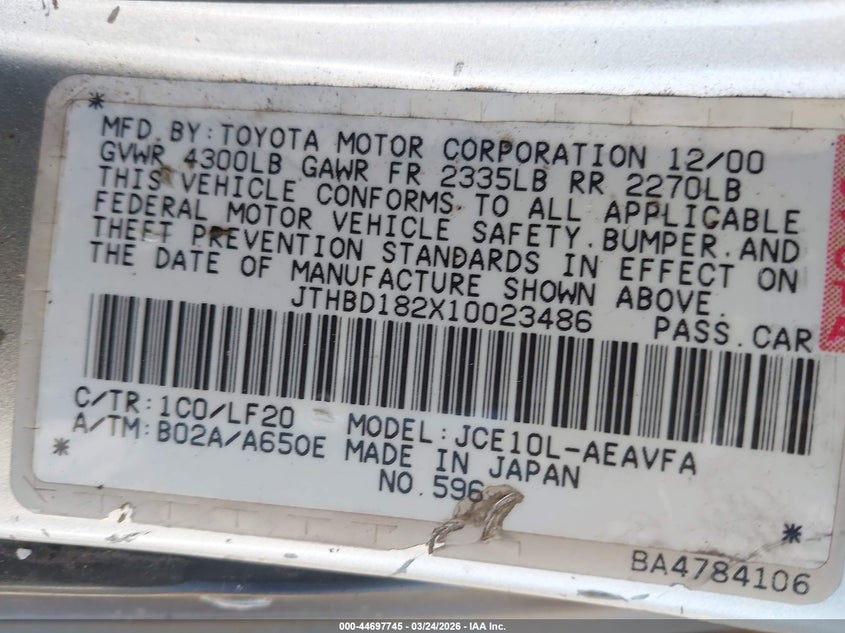 2001 Lexus Is 300 VIN: JTHBD182X10023486 Lot: 44697745