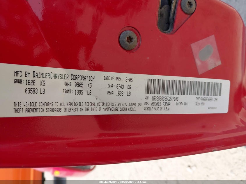 2005 Dodge Neon Se VIN: 1B3ES26C85D277106 Lot: 44697825