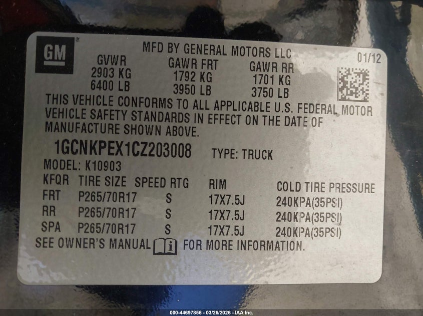 2012 Chevrolet Silverado 4.3 1500 Work Truck black Lot 111044697856 Vin 1GCNKPEX1CZ203008