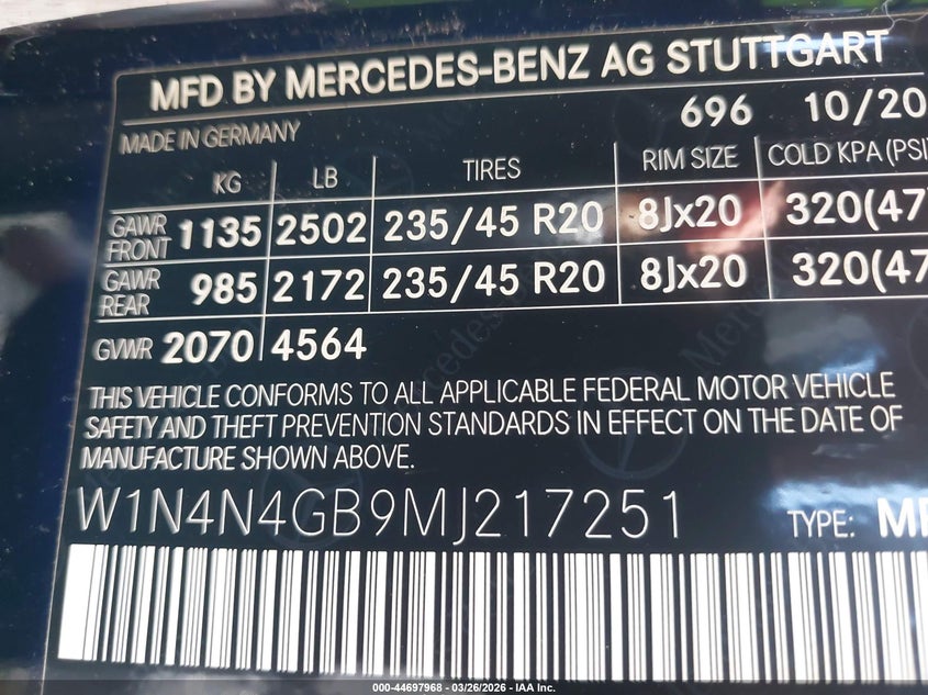 2021 Mercedes-Benz Gla 250 VIN: W1N4N4GB9MJ217251 Lot: 44697968