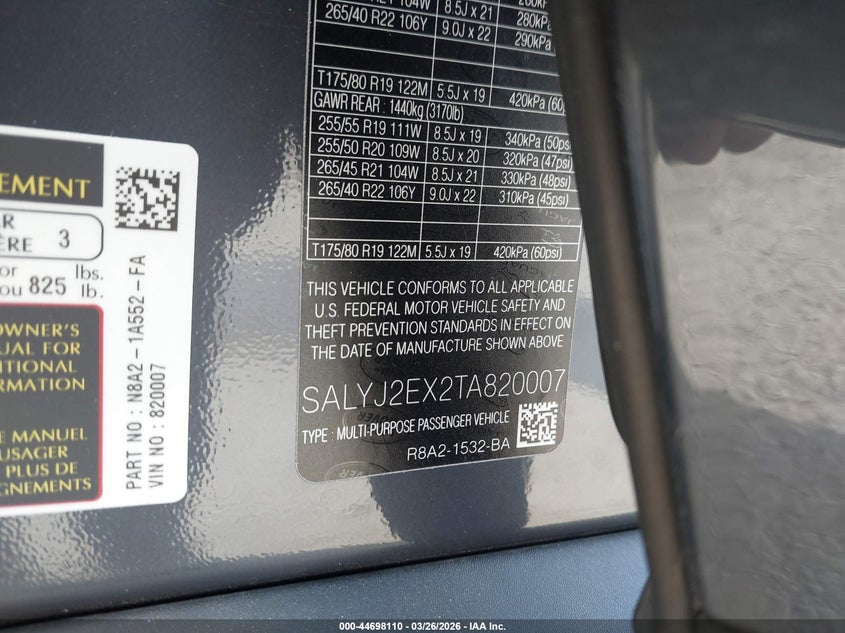 2026 Land Rover Range Rover Velar P250 S VIN: SALYJ2EX2TA820007 Lot: 44698110