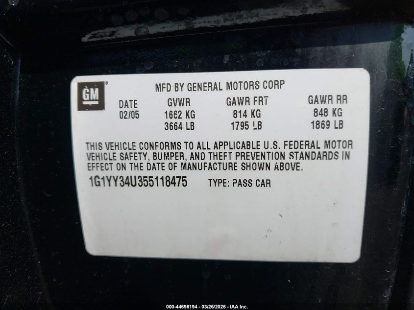 2005 Chevrolet Corvette VIN: 1G1YY34U355118475 Lot: 44698194