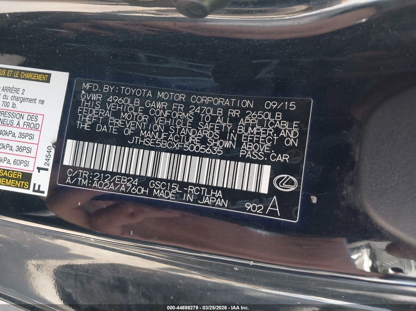 2015 Lexus Rc 350 VIN: JTHSE5BCXF5005635 Lot: 44698279