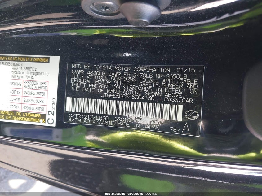 2015 Lexus Rc 350 VIN: JTHHE5BC5F5004130 Lot: 44698296