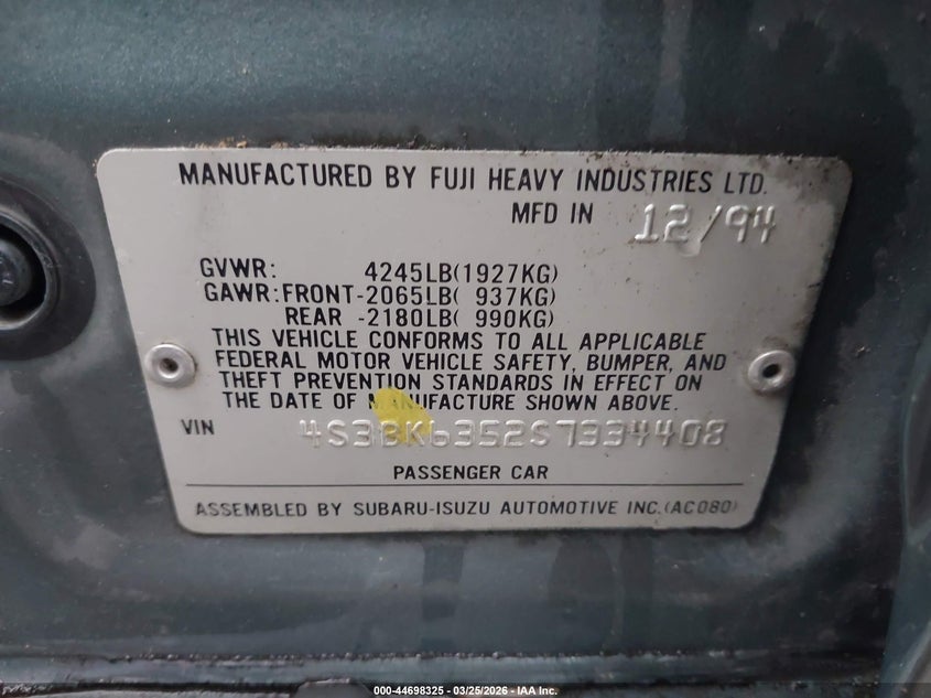 1995 Subaru Legacy L/Outback VIN: 4S3BK6352S7334408 Lot: 44698325