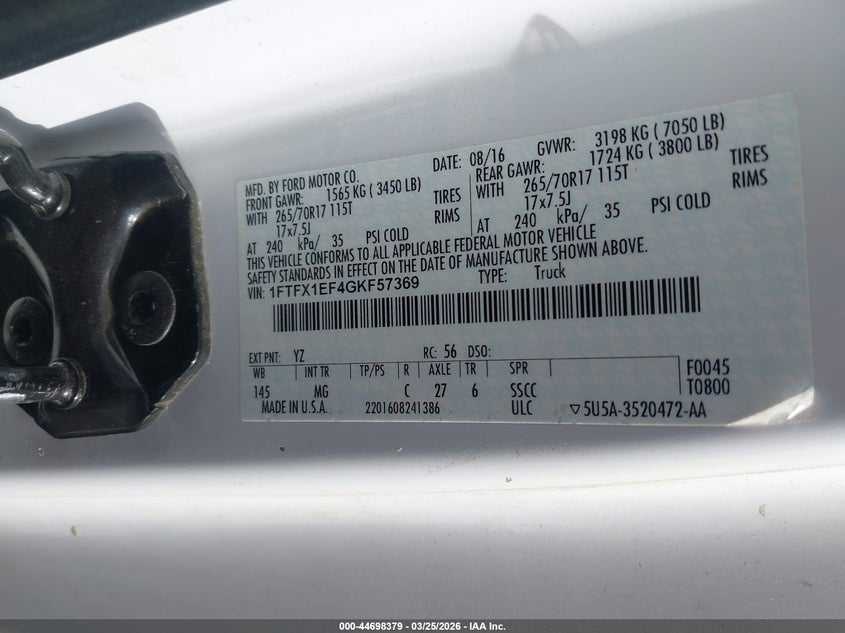 2016 Ford F-150 Xlt VIN: 1FTFX1EF4GKF57369 Lot: 44698379