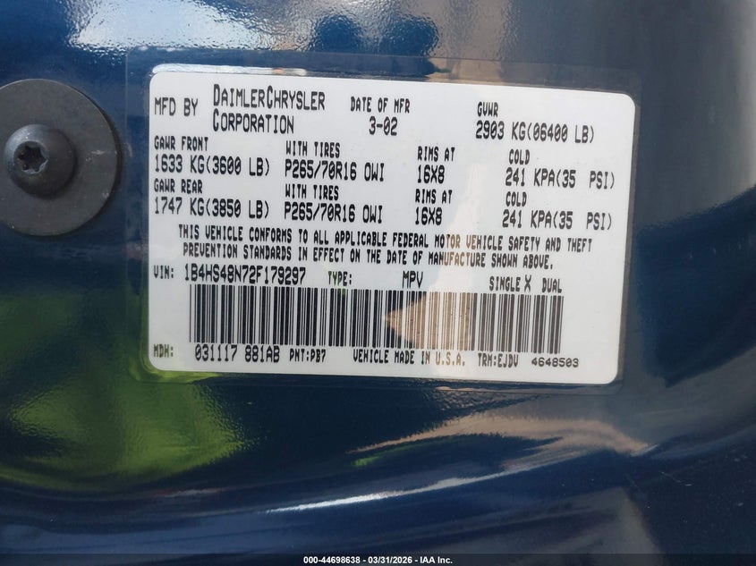 2002 Dodge Durango Slt VIN: 1B4HS48N72F179297 Lot: 44698638