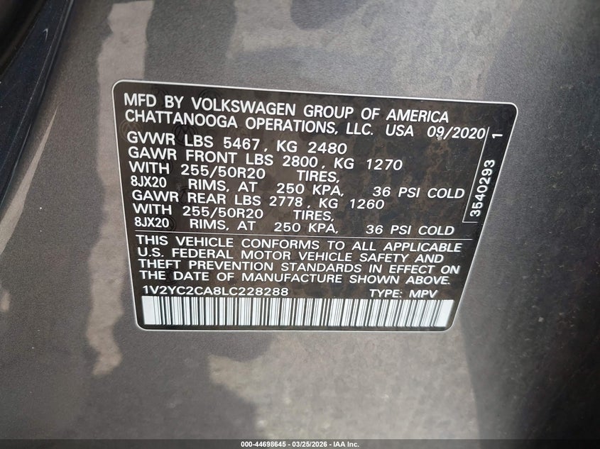 2020 Volkswagen Atlas Cross Sport 2.0T Se W/Technology/2.0T Se W/Technology R-Line VIN: 1V2YC2CA8LC228288 Lot: 44698645