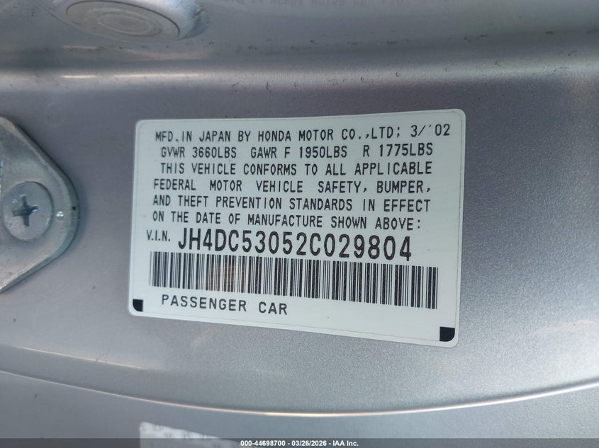 2002 Acura Rsx Type S VIN: JH4DC53052C029804 Lot: 44698700