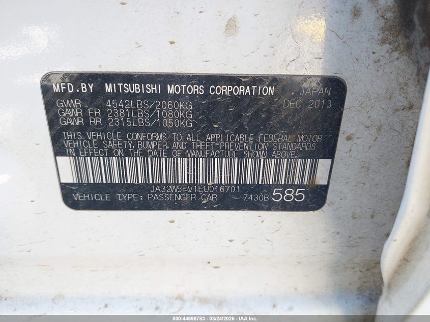 2014 Mitsubishi Lancer Evolution Mr VIN: JA32W5FV1EU016701 Lot: 44698783