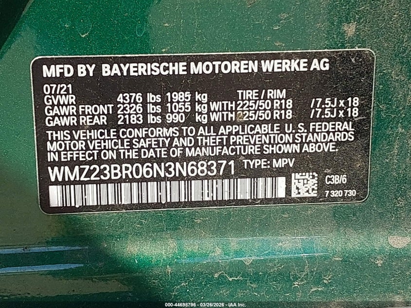 2022 Mini Countryman Cooper VIN: WMZ23BR06N3N68371 Lot: 44698796