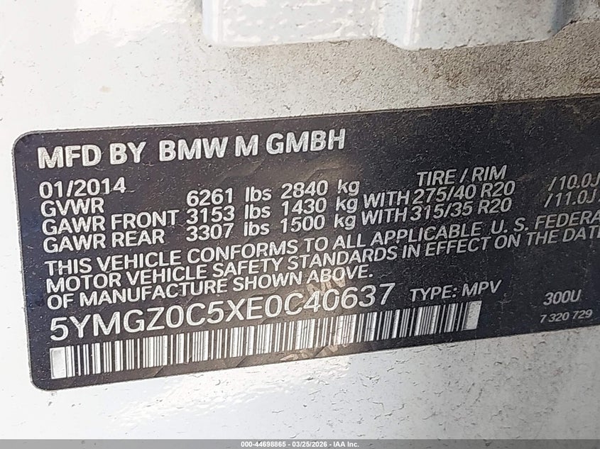 2014 BMW X6 M VIN: 5YMGZ0C5XE0C40637 Lot: 44698865