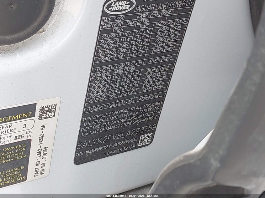 2020 Land Rover Range Rover Velar P340 R-Dynamic S VIN: SALYK2FV8LA278759 Lot: 44698918