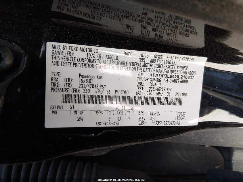 2016 Ford Focus St VIN: 1FADP3L94GL218837 Lot: 44699113