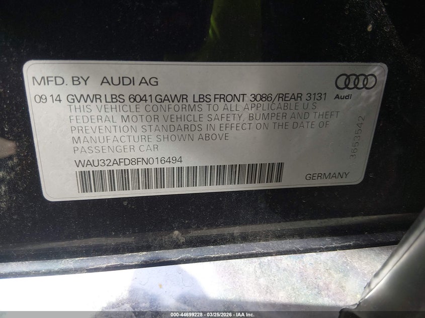 2015 Audi A8 L 4.0T VIN: WAU32AFD8FN016494 Lot: 44699228