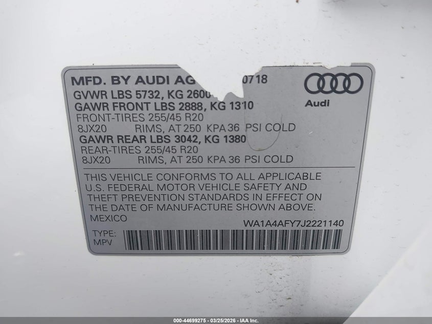 2018 Audi Sq5 3.0T Premium Plus VIN: WA1A4AFY7J2221140 Lot: 44699275