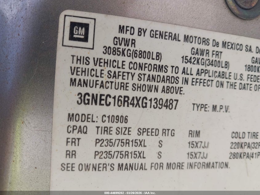 1999 Chevrolet Suburban 1500 VIN: 3GNEC16R4XG139487 Lot: 44699282