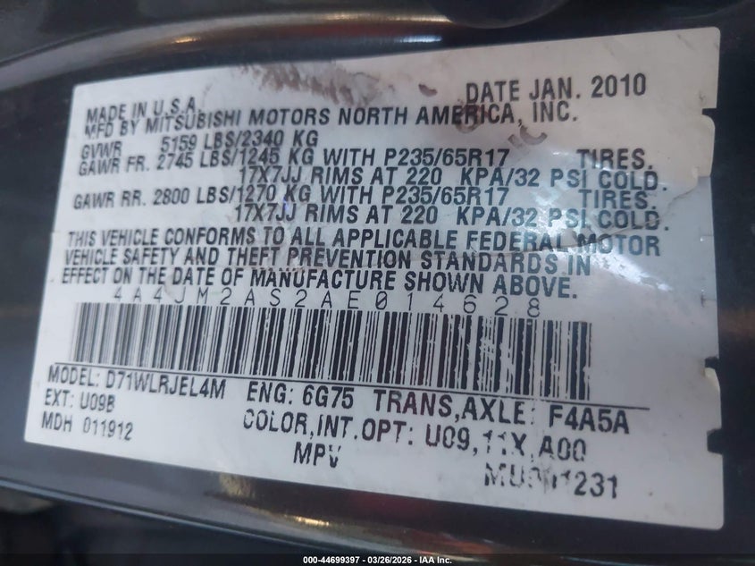 2010 Mitsubishi Endeavor Ls VIN: 4A4JM2AS2AE014628 Lot: 44699397