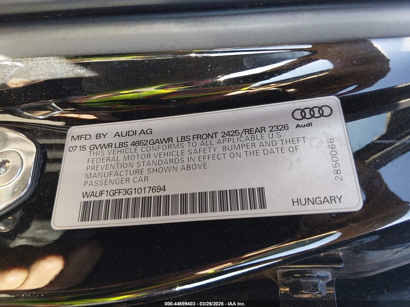 2016 Audi S3 2.0T Premium Plus VIN: WAUF1GFF3G1017694 Lot: 44699403