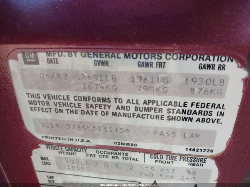 1984 Chevrolet Corvette VIN: 1G1AY0789E5111156 Lot: 44699446