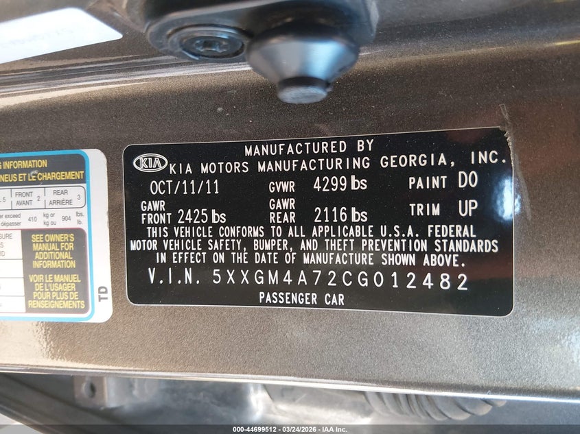 2012 Kia Optima 2.4 Lx grey Lot 111044699512 Vin 5XXGM4A72CG012482