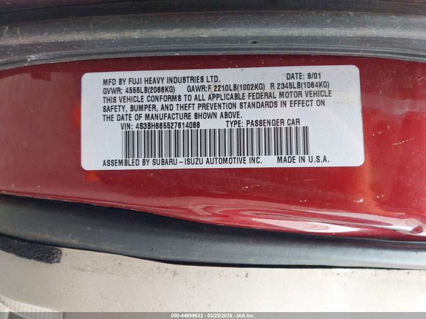 2002 Subaru Outback VIN: 4S3BH665527614088 Lot: 44699533