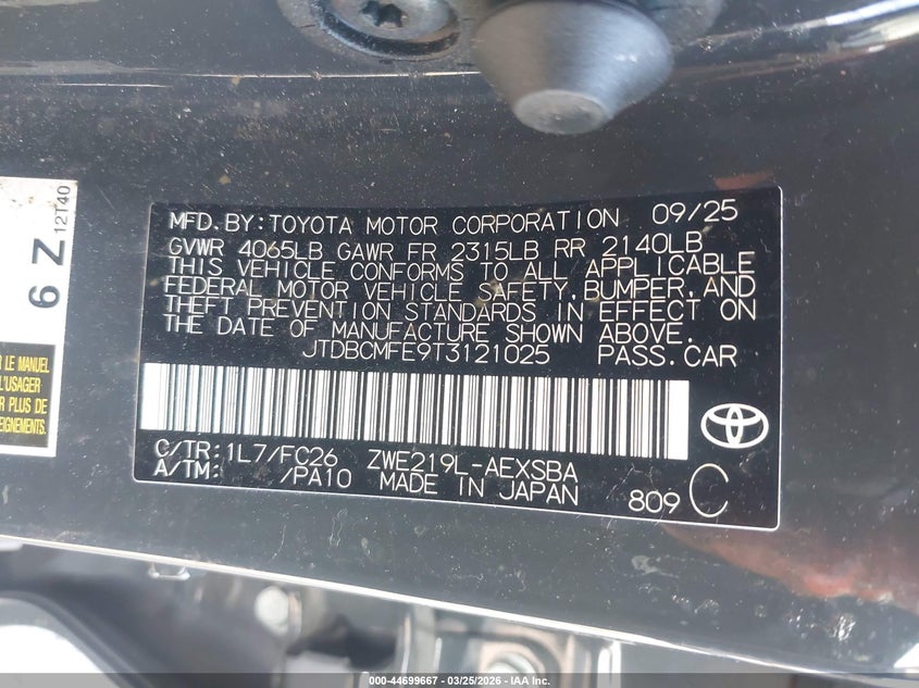 VIN JTDBCMFE9T3121025 2026 TOYOTA COROLLA HYBRID HYBRID SE