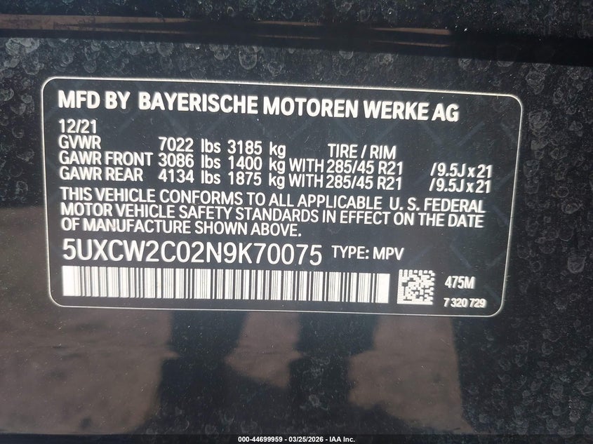 2022 BMW X7 xDrive40I VIN: 5UXCW2C02N9K70075 Lot: 44699959