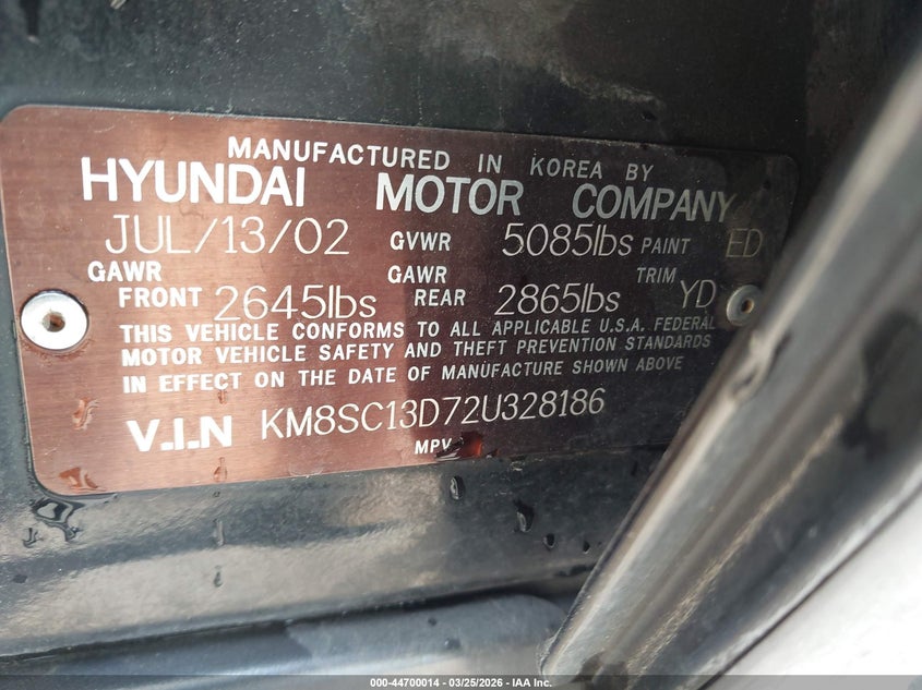 2002 Hyundai Santa Fe Gls/Lx VIN: KM8SC13D72U328186 Lot: 44700014