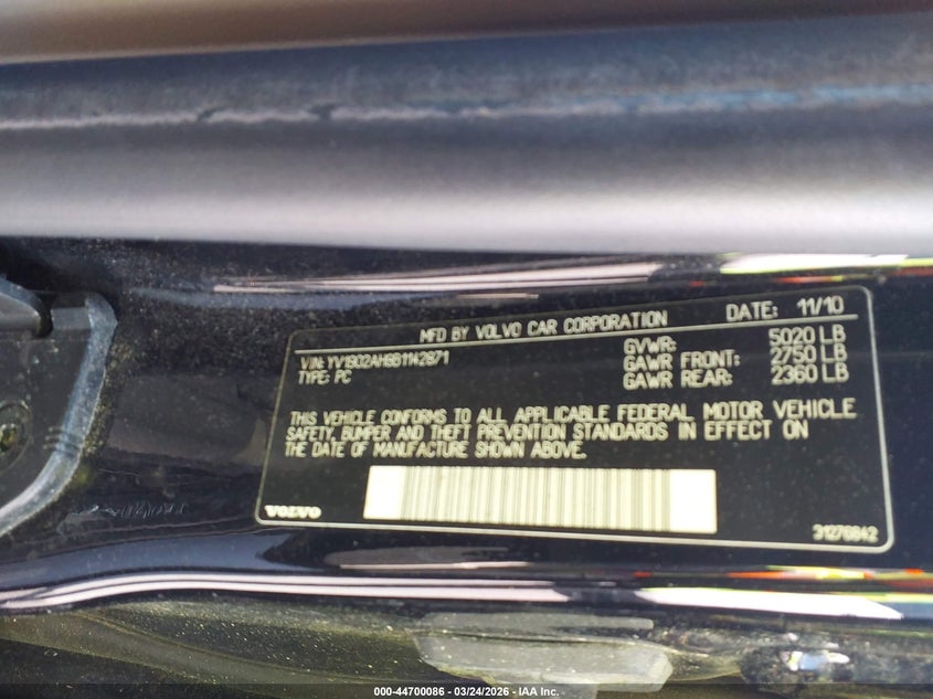 2011 Volvo S80 T6 VIN: YV1902AH8B1142871 Lot: 44700086