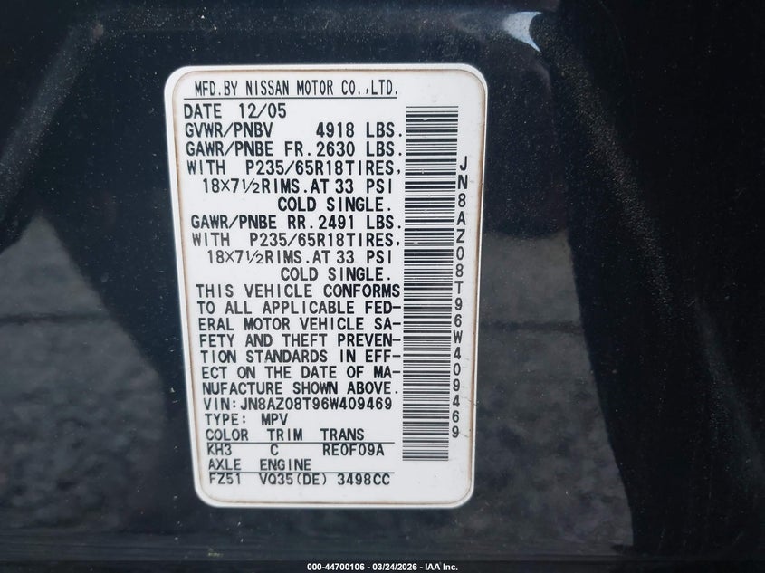 2006 Nissan Murano S VIN: JN8AZ08T96W409469 Lot: 44700106