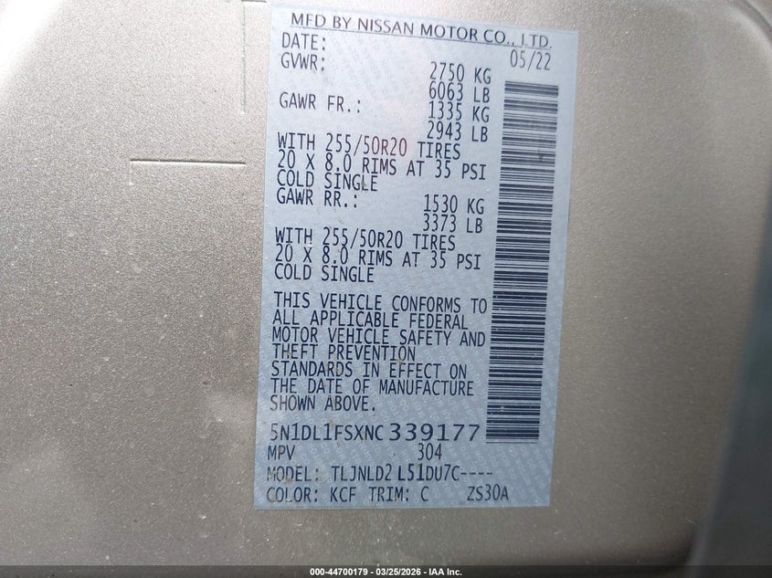 2022 Infiniti Qx60 Luxe Awd VIN: 5N1DL1FSXNC339177 Lot: 44700179