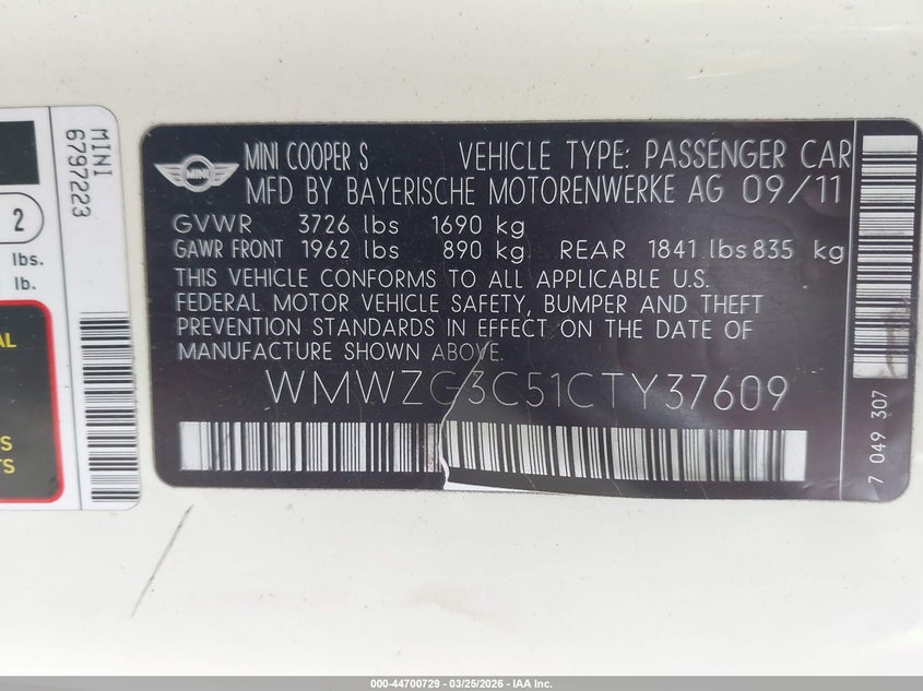 2012 Mini Cooper S Clubman VIN: WMWZG3C51CTY37609 Lot: 44700729