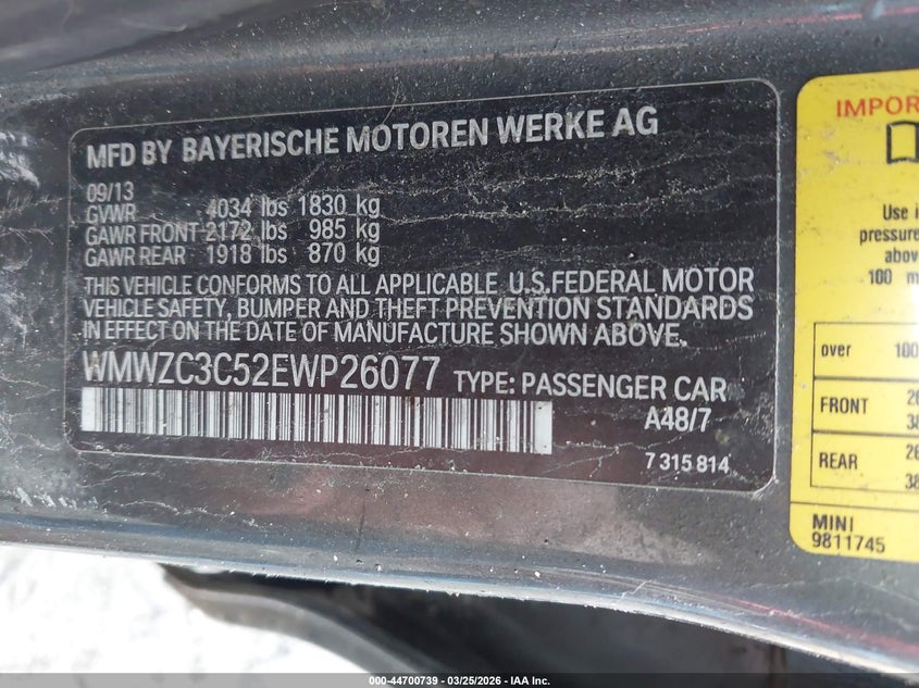 2014 Mini Countryman Cooper S VIN: WMWZC3C52EWP26077 Lot: 44700739