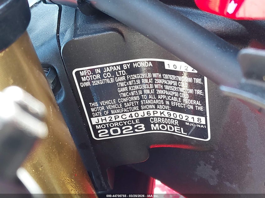 2023 Honda Cbr600 Rr VIN: JH2PC40J6PK900218 Lot: 44700755