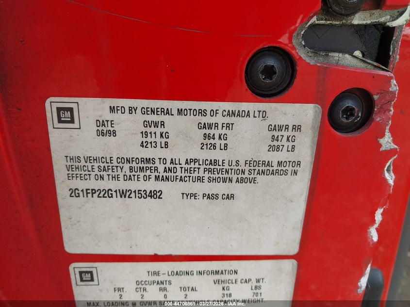 1998 Chevrolet Camaro Z28 VIN: 2G1FP22G1W2153482 Lot: 44700861