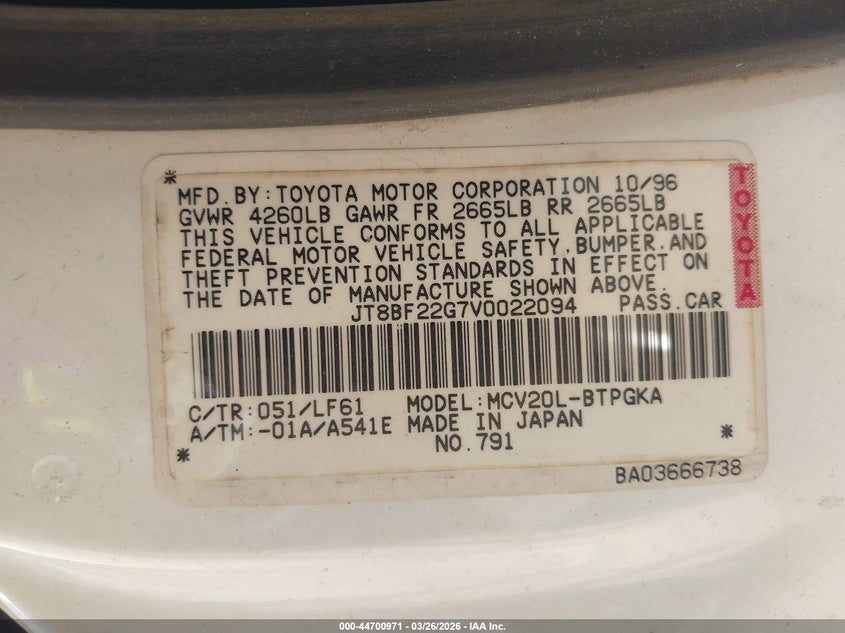 1997 Lexus Es 300 VIN: JT8BF22G9V0020122 Lot: 44700971