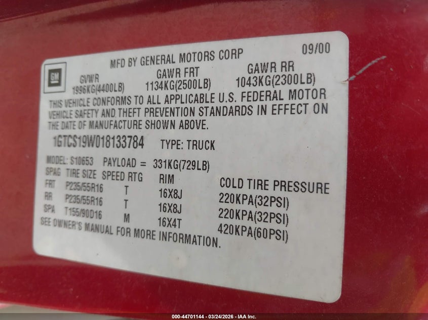 2001 GMC Sonoma Sls VIN: 1GTCS19W018133784 Lot: 44701144