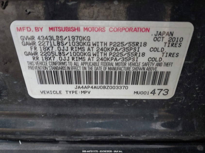 2011 Mitsubishi Outlander Sport Se VIN: JA4AP4AU0BZ003370 Lot: 44701175