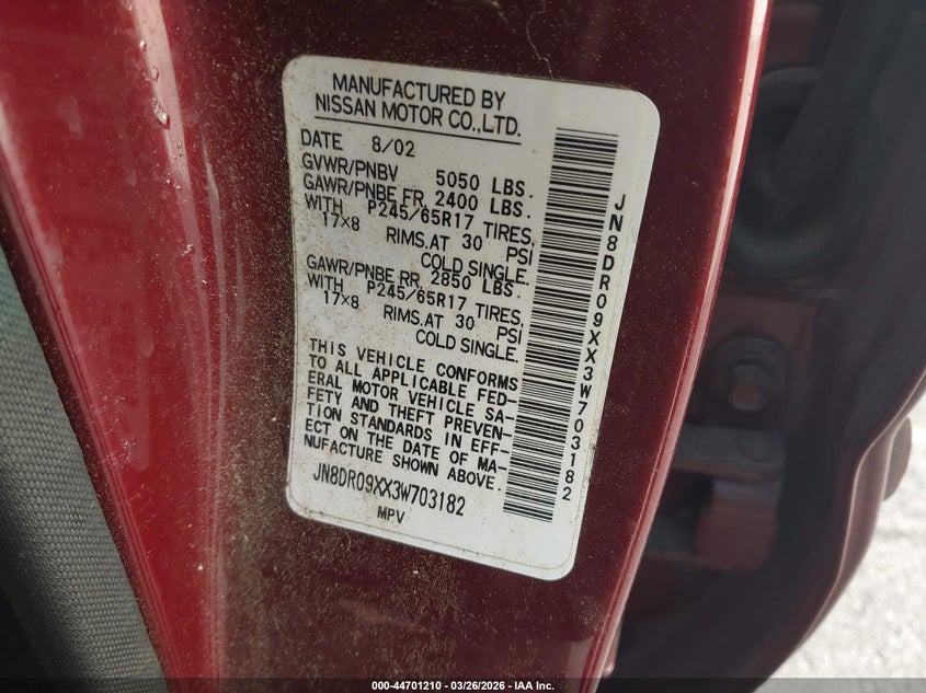 2003 Nissan Pathfinder Le VIN: JN8DR09XX3W703182 Lot: 44701210