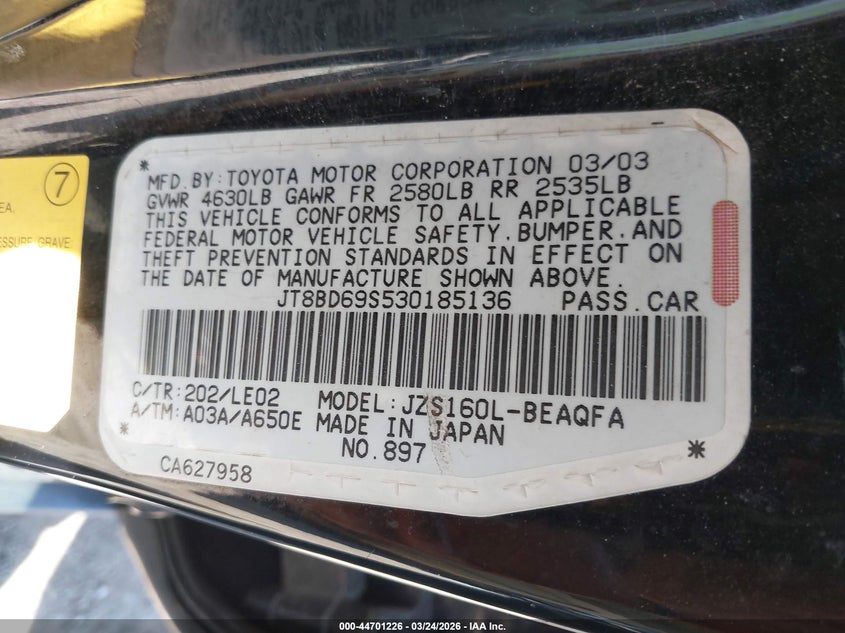 2003 Lexus Gs 300 VIN: JT8BD69S530185136 Lot: 44701226