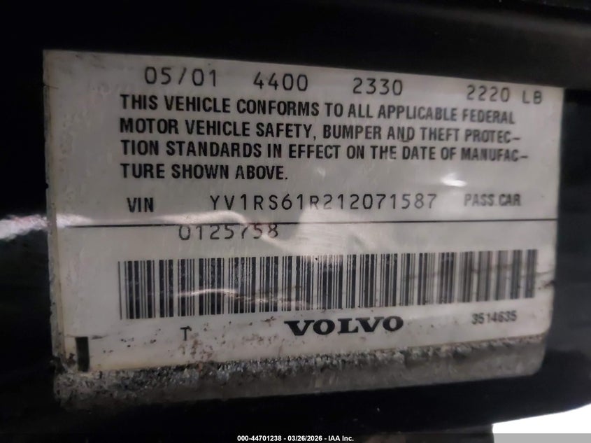 2001 Volvo S60 2.4 VIN: YV1RS61R212071587 Lot: 44701238
