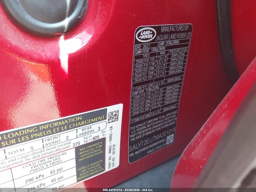 2021 Land Rover Range Rover Velar P340 R-Dynamic S VIN: SALYT2EU7MA321219 Lot: 44701314