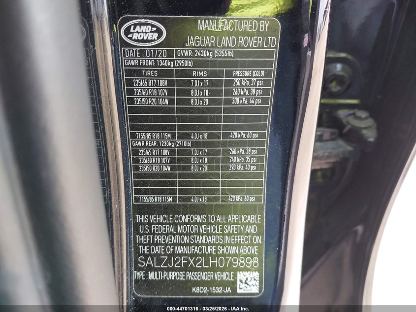 2020 Land Rover Range Rover Evoque S VIN: SALZJ2FX2LH079898 Lot: 44701316